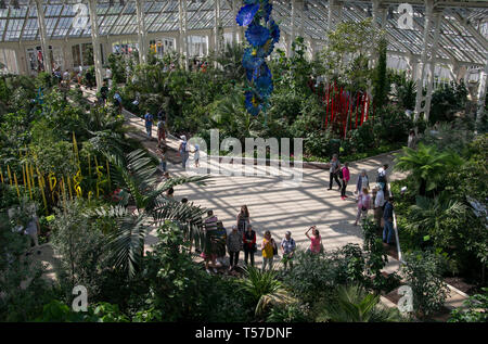 Londra, Regno Unito. Xiv Apr, 2019. Foto realizzata il 14 aprile 2019 illustra la temperata Casa di Kew Gardens a Londra, capitale della Gran Bretagna. La storia di Kew Gardens può essere fatta risalire al XVIII secolo. Nell'anno 2003, Kew Gardens è stata ufficialmente iscritta come Sito del Patrimonio Mondiale dell'UNESCO. Credito: Han Yan/Xinhua/Alamy Live News Foto Stock