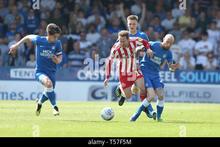 Peterborough, Regno Unito. 22 apr, 2019. Marcus Maddison di Peterborough Regno e Aidan McGeady di Sunderland durante la scommessa del Cielo lega 1 corrispondenza tra Peterborough e Sunderland a London Road, Peterborough. (Credit: Chris Booth | MI News) solo uso editoriale, è richiesta una licenza per uso commerciale. Nessun uso in scommesse, giochi o un singolo giocatore/club/league pubblicazioni. La fotografia può essere utilizzata solo per il giornale e/o rivista scopi editoriali. Credito: MI News & Sport /Alamy Live News Foto Stock