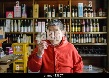 Ritratto del proprietario di un tradizionale giapponese del negozio di liquori e ristorante, quartiere Arakawa, Tokyo, Giappone Foto Stock