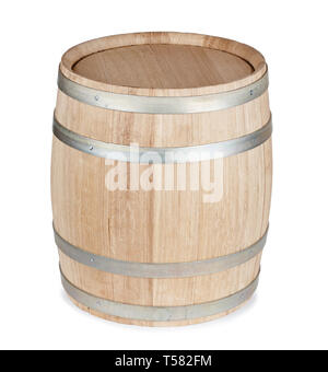 Rovere nuovo barile di legno, isolato su sfondo bianco Foto Stock