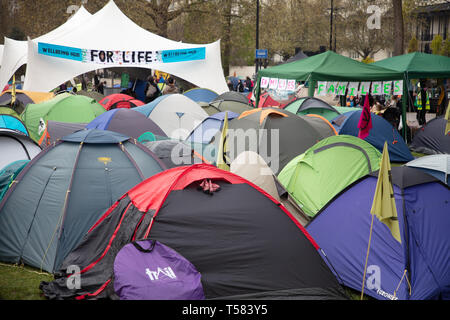 Molte tende si sono viste vicine durante una protesta della ribellione dell'estinzione a Marble Arch London. Foto Stock