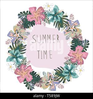 Ghirlanda di fiori tropicali con il testo estate invito festoso, cartolina. Estate illustrazione vettoriale Illustrazione Vettoriale