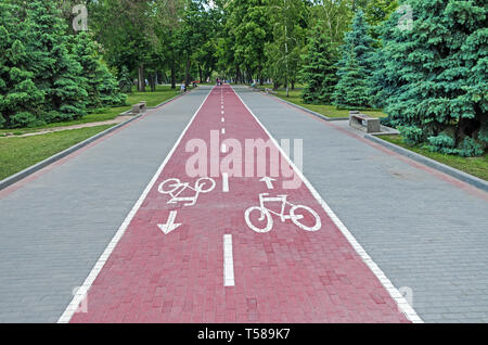 Due vie percorso bicicletta rivestita con lastre di pavimentazione nel parco della città Foto Stock