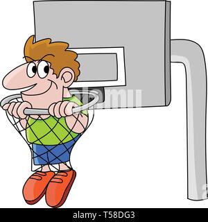 Cartoon appassionato di basket uomo seduto all'interno di un Basketball hoop illustrazione vettoriale Illustrazione Vettoriale