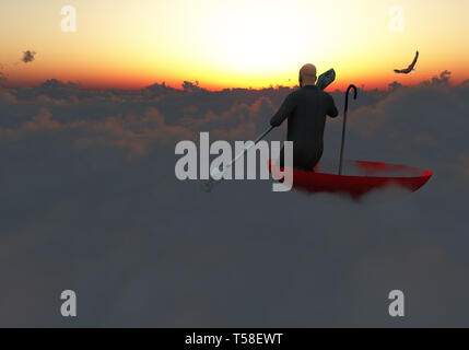 Il surrealismo. Uomo in un vestito con paddle galleggianti in rosso ombrello sulle nuvole. Eagle vola in cielo. Foto Stock