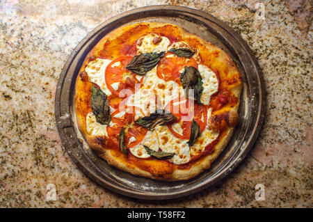 New York style pizza Margherita con mozzarella fresca e le foglie di basilico Foto Stock