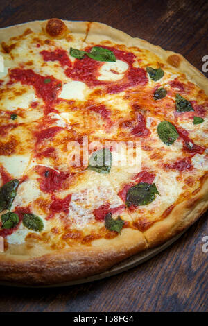 New York style pizza Margherita con mozzarella fresca e le foglie di basilico Foto Stock