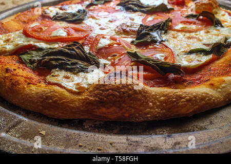 New York style pizza Margherita con mozzarella fresca e le foglie di basilico Foto Stock