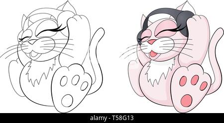 Carino e adorabile gatto colorato con le cuffie per ascoltare musica Illustrazione Vettoriale