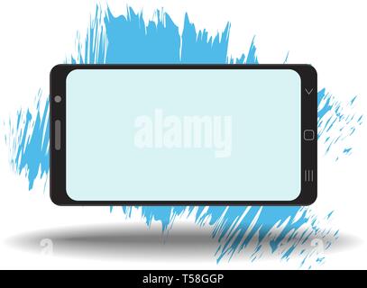 Smart Phone con schermo bianco su sfondo bianco. Ombra e colore spot pennello. Dispositivo tecnologico paesaggio orizzontale modello. Semplici mockup ve Illustrazione Vettoriale