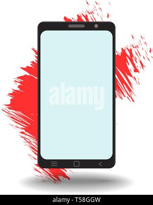 Smart Phone con schermo bianco su sfondo bianco. Ombra e colore spot pennello. Dispositivo tecnologico ritratto verticale modello. Semplici mockup vecto Illustrazione Vettoriale