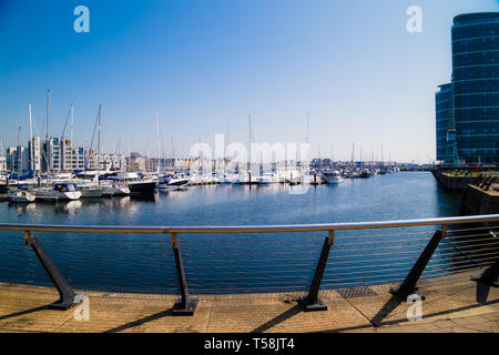 Chatham Maritime Marina Chatham, Kent, Regno Unito. Guardando oltre il porto di yacht e barche su una chiara soleggiata giornata di primavera. Foto Stock
