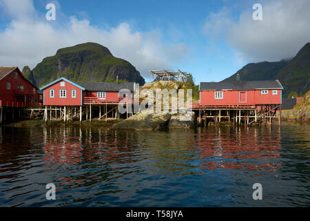 Il rorbu rosso tradizionale norvegese case di pescatori costruito su palafitte di legno nel villaggio di pescatori di Å su Moskenesøya nelle isole Lofoten in Norvegia Foto Stock