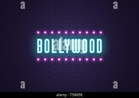 Composizione al neon di headline Bollywood. Illustrazione Vettoriale di incandescente testo al Neon Bollywood con lampada telaio. Luminose cartello digitale per il cinema indiano Illustrazione Vettoriale