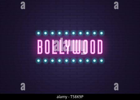 Composizione al neon di headline Bollywood. Illustrazione Vettoriale di incandescente testo al Neon Bollywood con lampada telaio. Luminose cartello digitale per il cinema indiano Illustrazione Vettoriale