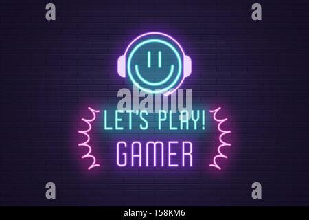 Neon di composizione del titolo consente di riprodurre Gamer. Neon incandescente gli Emoji con le cuffie e il testo consente di riprodurre Gamer. Luminose cartello digitale per videogame industr Illustrazione Vettoriale