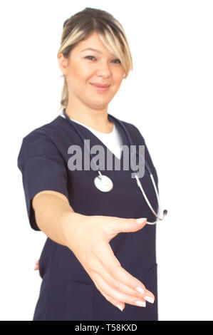 Medico pronto per stretta di mano su sfondo bianco Foto Stock