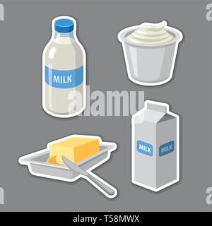 Illustrazione del set di adesivi per latticini prodotti lattiero-caseari Illustrazione Vettoriale