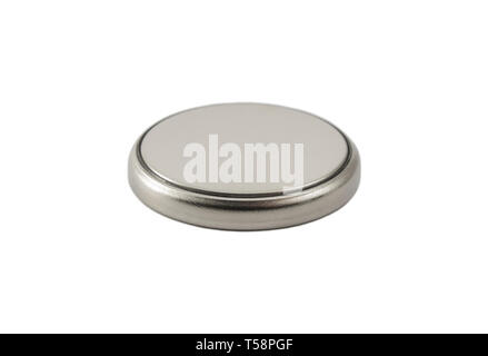 Pila a bottone al litio isolato su bianco Foto Stock