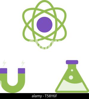Atom, magnete e test chimico tubo piatto di vettore icone, scienza illustrazione vettoriale Illustrazione Vettoriale