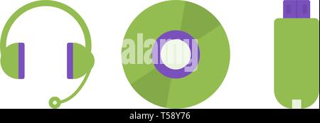 Cuffie, disco e unità flash vettoriale icone piana, tecnologia illustrazione vettoriale Illustrazione Vettoriale