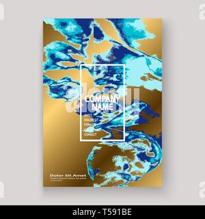 Navy Blue Marble lussuoso vernice di tessitura artistica, invito a nozze design. Splash decorativo di fluido su sfondo dorato, illustrazione vettoriale. Trend Illustrazione Vettoriale