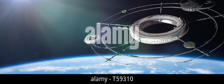 Stazione spaziale in orbita del pianeta Terra (3d science fiction rendering in background banner, elementi di questa immagine sono arredate dalla NASA) Foto Stock