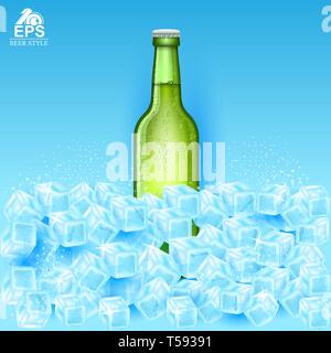 Simulazione realistica verde bottiglia di birra tra i cubetti di ghiaccio su sfondo blu Illustrazione Vettoriale