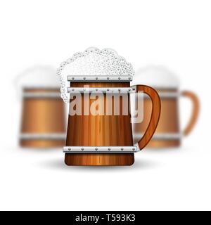 Tre simulazioni realistiche del legno boccale di birra su sfondo bianco. Illustrazione Vettoriale uno mug sharp e due tazze la profondità di campo Illustrazione Vettoriale