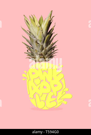 Il senso è aperta dall'interno. Un ananas con le lettere all'interno contro alla moda di sfondo di corallo. Lettering. Lo spazio negativo per inserire il tuo testo. Il design moderno. L'arte contemporanea collage. Foto Stock
