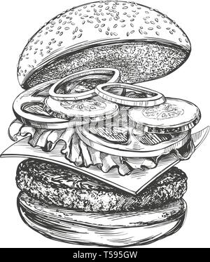 Big burger, hamburger disegnati a mano illustrazione vettoriale disegno realistico Illustrazione Vettoriale