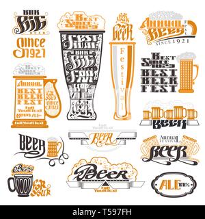 Pub la birra e il festival delle etichette, scudetti e raccolta di icone Illustrazione Vettoriale