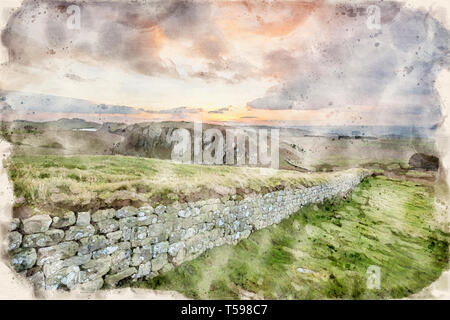 Effetto acquerello da una fotografia del Muro di Adriano guardando ad ovest verso l'acciaio Rigg, Cumbria, England, Regno Unito Foto Stock