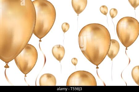 Oro Lucido battenti palloni di elio sfondo con effetto di sfocatura. Matrimoni, feste di compleanno e anniversario dello sfondo. Illustrazione di vettore per l'invito, p Illustrazione Vettoriale