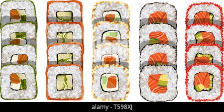 Maki roll con salmone e avocado deliziosa cucina giapponese con sushi roll. Illustrazione Vettoriale
