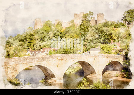 Effetto acquerello da una fotografia di Dinham Bridge e Ludlow Castle, Ludlow, Shropshire, Inghilterra, Regno Unito Foto Stock