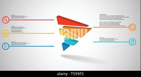 3D illustrazione modello infografico con triangolo goffrata casualmente diviso in cinque parti spostato Illustrazione Vettoriale