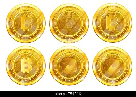 Impostare medaglia d'oro con segno bitcoin indietro e sul lato anteriore. Illustrazione di vettore isolato su sfondo bianco Illustrazione Vettoriale