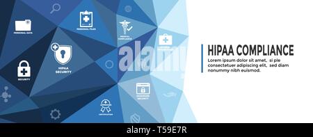 Conformità HIPAA Web banner intestazione con Medical serie di icone e testo Illustrazione Vettoriale