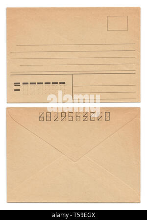 Vuoto busta vecchia, anteriore e posteriore, ingiallito carta, isolato su bianco Foto Stock