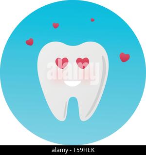 Carino felice carattere dente nell'amore. Illustrazione Vettoriale in stile cartoon. dente cadere in amore mascotte. Felice dente sorrisi su sfondo blu. Logo icona Illustrazione Vettoriale