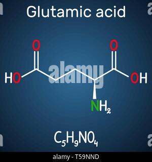 Acido glutammico (L- acido glutammico, Glu, E) aminoacido alifatico molecola. Formula chimica di struttura su sfondo blu scuro. Illustrazione Vettoriale Illustrazione Vettoriale