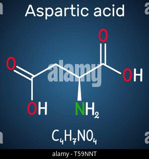 Acido aspartico (L- acido aspartico, Asp, D, aspartato) proteinogenic amminoacido molecola. Formula chimica di struttura su sfondo blu scuro. Vecto Illustrazione Vettoriale