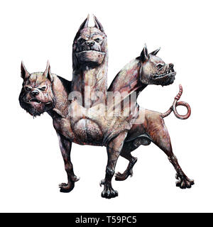 Multi teste di cane Cerberus illustrazione. Il segugio di Hades. La mitologia greca. Illustrazione di acrilico. Foto Stock