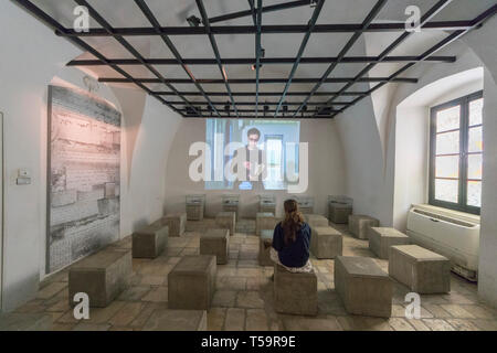 Jerusael, Israele. Una ragazza nel film sala del Museo della Metropolitana ebraica, dedicato agli ebrei che hanno combattuto per l'indipendenza di Israele. Foto Stock