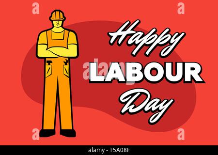 Lavoratore uomo in costruzione giallo casco e iscrizione felice Festa del lavoro. 1 maggio biglietto di auguri. Illustrazione Vettoriale per creare poster, striscioni, annuncio, promozione, Illustrazione Vettoriale