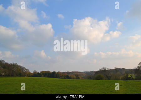 Viste della tranquilla campagna campi, boschi e cumulus nubi nei pressi di downe, Kent, Inghilterra, in primavera, guardando a sud verso Biggin Hill e Westerham. Foto Stock