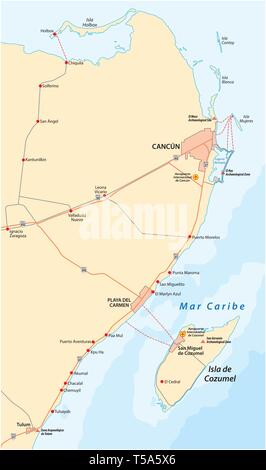 Riviera Maya e l'isola di Holbox road mappa vettoriale Illustrazione Vettoriale