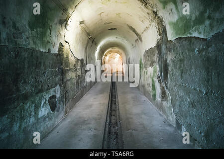 Tunnel di pietra di antico fortilizio a Cat Ba isola nel nord del Vietnam. Cat Ba è un ben noto arcipelago con una spettacolare serie di mare e isola scen Foto Stock