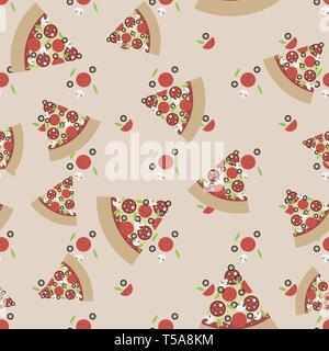 Modello senza giunture di fette di pizza con gli ingredienti. Brillante background senza giunture di vettore fette di pizza in un appartamento di stile. 10 eps Illustrazione Vettoriale